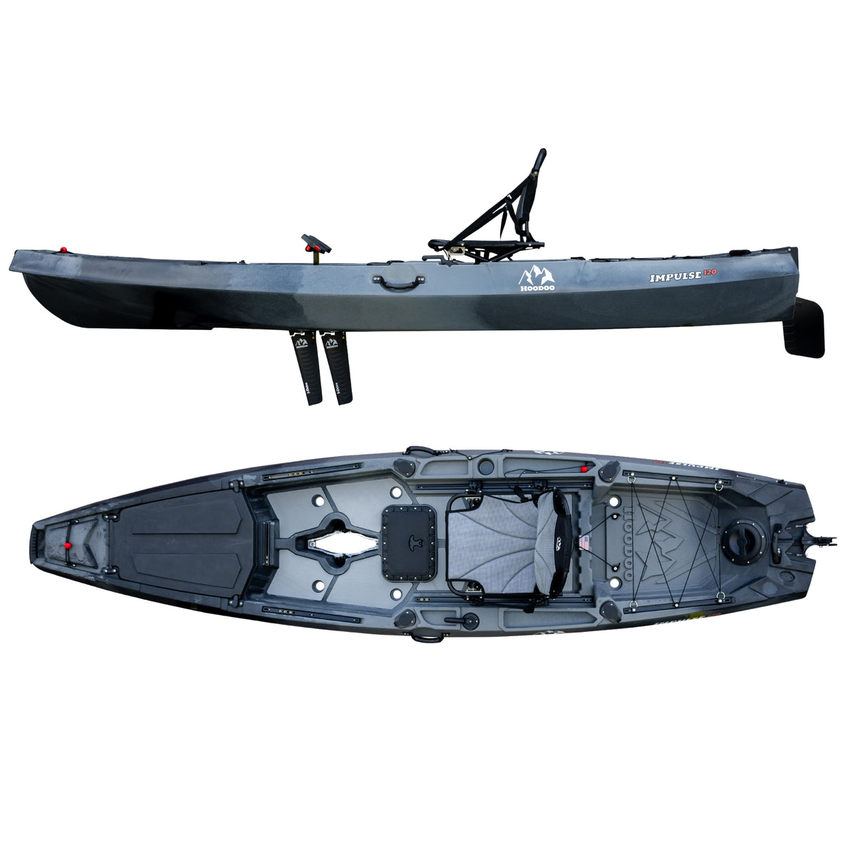 Hoodoo Impulse 120 fin-drive pedal kayak, side and top view, Slate (gray) color.
