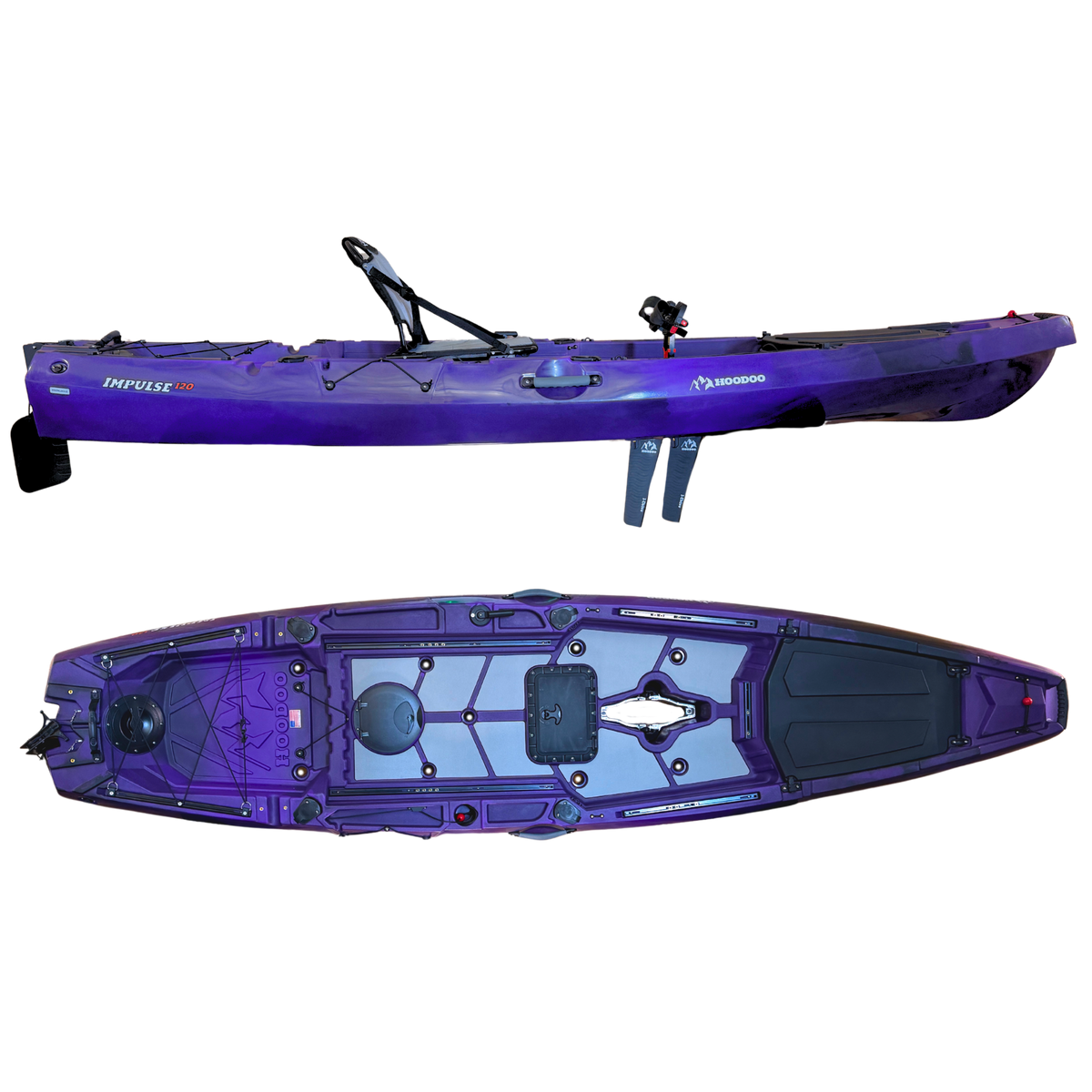 Hoodoo Impulse 120 fin-drive pedal kayak, side and top view, Purple Haze color.