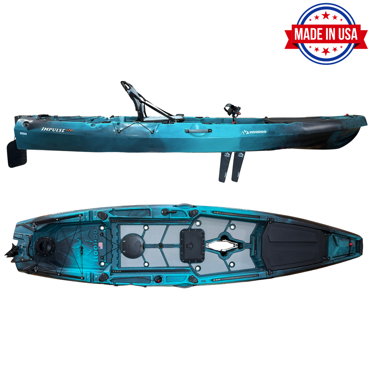 Hoodoo Impulse 120 fin-drive pedal kayak, side and top view. Marine Reef. Made in USA.