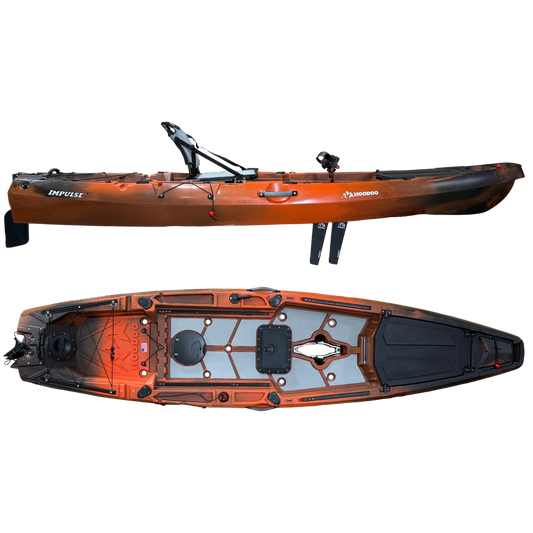 Hoodoo Impulse 120 fin-drive pedal kayak, side and top view, Molten Lava color.